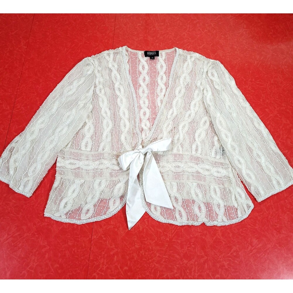 silk Beaded Sheer Cardigan Adrianna Papell 2X Ribbon Tie Cable rope Bridal Event